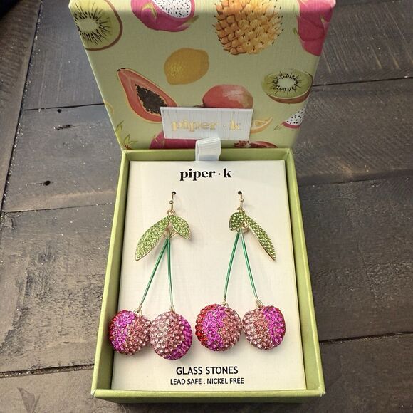 Piper K Jewelry Cherry cherries Dangle Drop Earrings Glass Stones Gem Sparkle - Picture 1 of 3